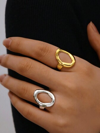 Frminee 1pc/2pcs Round Circle Pleated Open Statement Ring For Women Fashion 18K Gold Plated Stainless Steel Ring Adjustable Ring Exquisite Commitment Minimalist Ring Women's Jewelry Suitable For Autumn And Winter Daily Date Wear Party Gathering Gifts Thanksgiving Christmas