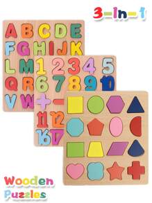 3 in 1 Puzzle di legno per bambini, Puzzle di legno per alfabeto, numeri e forme, Giocattoli Puzzle per l'apprendimento per bambini, Set di 3 puzzle 3 in 1 per bambini di età 3+