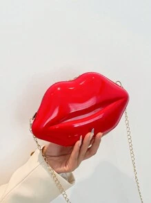 1pc Fashionable Shiny Lip Shaped Women Chain Crossbody Unique Mini Handbag PU Leather Small Bag - Red - View 2