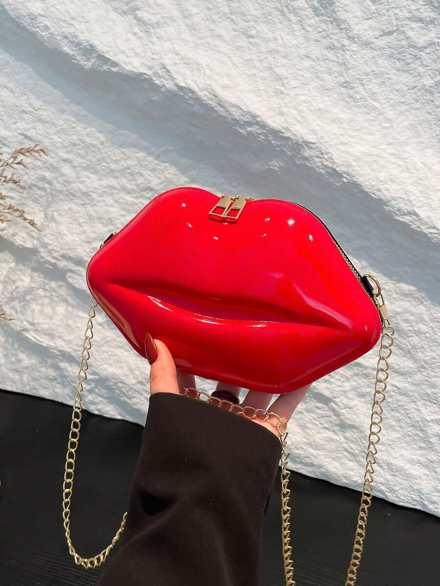 1pc Fashionable Shiny Lip Shaped Women Chain Crossbody Unique Mini Handbag PU Leather Small Bag - Red - View 1