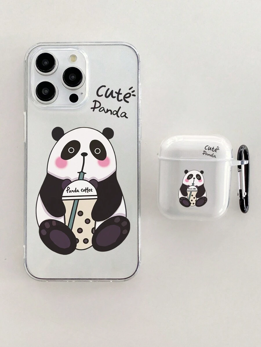 2 件/套：1 个可爱熊猫图案 iPhone 手机壳 + 1 个可爱熊猫图案透明 AirPods 手机壳 + 1 个耳机壳挂钩，可个人使用或作为礼物 - 彩色 - 查看 1