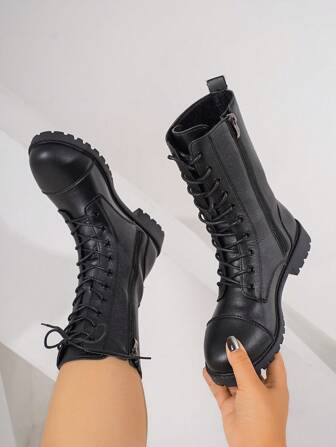 Women's Fashion Versatile Lace-Up Mid-Calf Boots, Biker Boots, Short Boots, High-Top Anti-Slip Boots, Casual Comfortable With Zipper, Outdoor Riding Boots, Black, Autumn/Winter