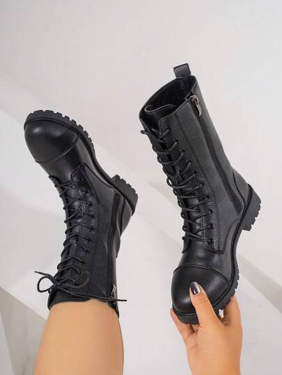 Women's Fashion Versatile Lace-Up Mid-Calf Boots, Biker Boots, Short Boots, High-Top Anti-Slip Boots, Casual Comfortable With Zipper, Outdoor Riding Boots, Black, Autumn/Winter Wide Fit