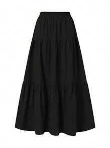 Summer And Autumn Women's Casual Long Skirts, Solid Color Pleated Large Hem Elasticated Waist Loose Fit Skirt, Simple Style Bottoms - 黑色 - 查看 2