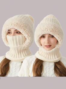 1 pieza Gorro de mujer de punto multicolor y esponjoso con protector de cuello, gorro resistente al viento para ciclismo al aire libre en otoño/invierno