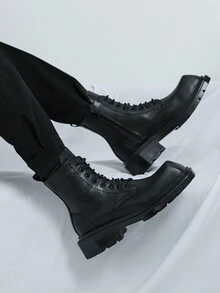 男士高帮方头系带踝靴，增高踝靴 - 黑色 - 查看 3