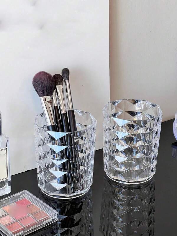 1 pezzo Portaoggetti trasparente per pennelli da trucco, bicchiere elegante con motivo a diamante, porta spazzolino da denti e dentifricio per il bagno, organizer da scrivania per pennarelli e pennelli da trucco