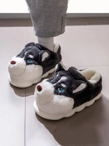 Chinelos de Pelúcia de Cachorro Cartoon de Inverno para Mulheres, Chinelos Internos Quentes para Homens, Sapatos Peludos