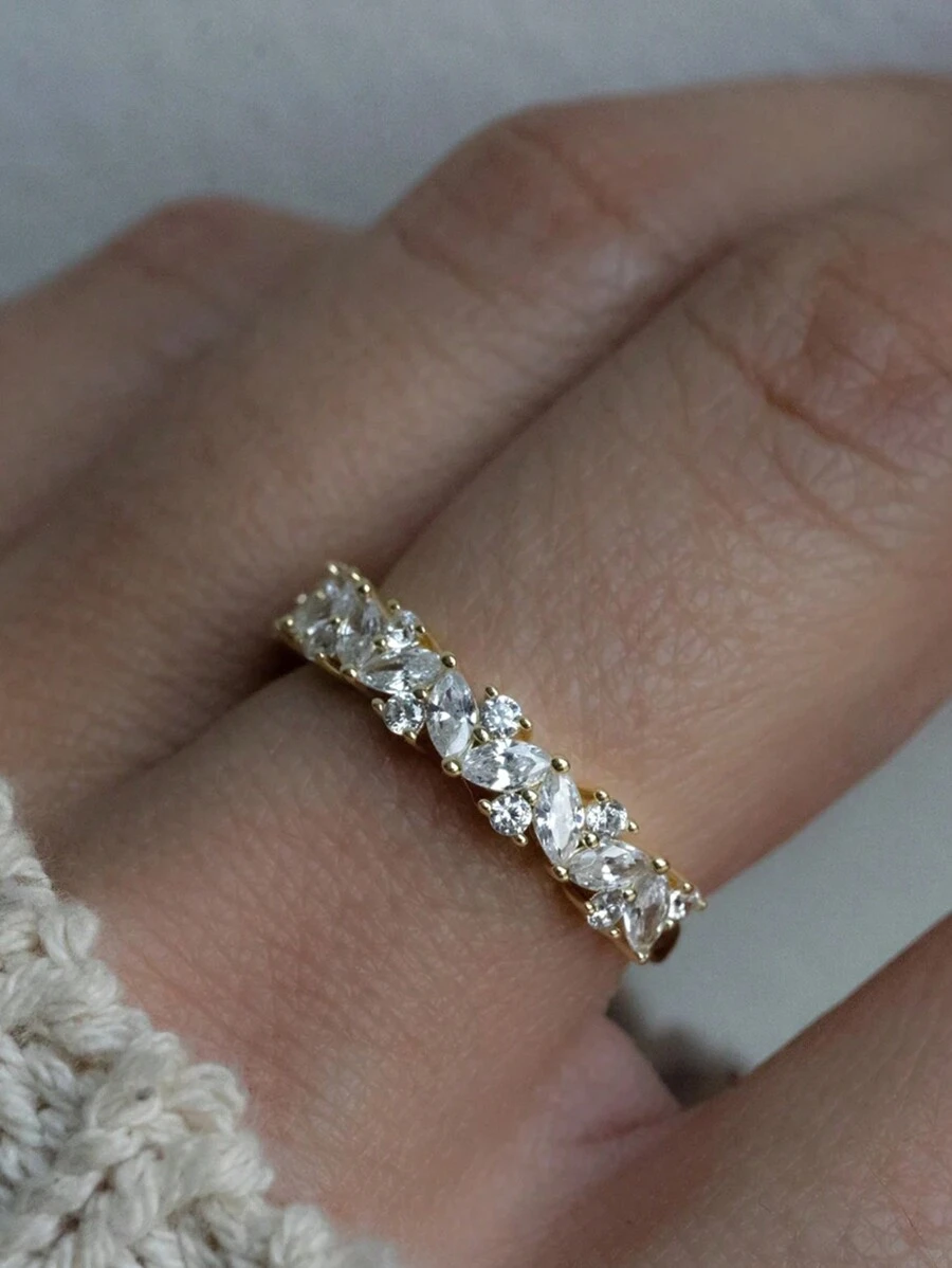 1 件复古 18K 金色多石戒指，橄榄尖头可堆叠承诺戒指，不对称 S925 纯银戒指，轻质奢华纯银设计，适合女性、日常和工作穿着 - 款式1 - 查看 1