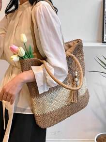 Baila Morena Women's Straw Tote Bag Beach Shoulder Strap Braided With Zipper Keychain Fringe Polka Dots - 卡其色 - 查看 3