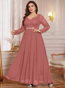 Plus V-Neck Floral Lace Contrast Chiffon Rhinestone Ribbon Waist Formal Party Long Dress, Wedding Guest Dress, For Birthday, Graduation, Homecoming - Dusty Pink - View 11