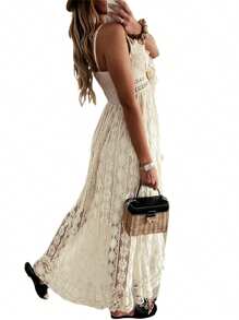 Summer Dresses For Women 2025 Boho Lace Sleeveless Spaghetti Straps Beach Vacation Flowy Maxi Sun Dress - Beige - View 3