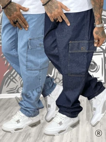 Kit 2 Men's Cargo Pants Jeans And Twill With Wide Legs And Elastic Waistband With Utility Pockets 100% Cotton, For Casual Work - 藍色 - 查看 1