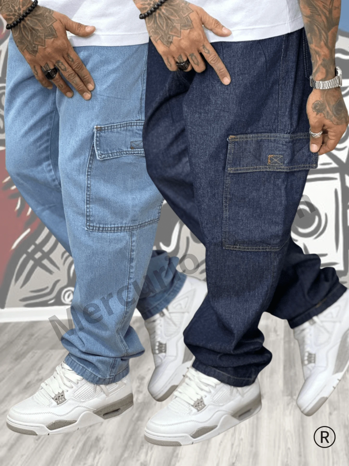 Kit 2 Men's Cargo Pants Jeans And Twill With Wide Legs And Elastic Waistband With Utility Pockets 100% Cotton, For Casual Work - 藍色 - 查看 1