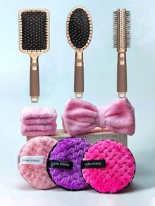 1-20 件化妆刷套装包括气垫梳、尖尾梳、梳子套装、面部头带、扁平梳、3 件美容海绵、1 件面部头带、2 件面部腕带、1 件方形气垫梳、1 件椭圆形气垫梳、1 件卷发梳、2 件面部粉扑、卸妆粉扑、造型梳、剪发梳、卷发梳、垫梳、按摩梳 - 彩色 - 查看 16