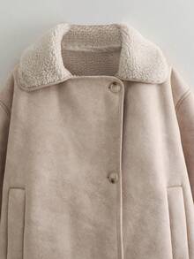 Women Casual Everyday Faux Suede Lined Warm Jacket, Autumn/Winter - Beige - View 3