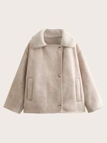 Women Casual Everyday Faux Suede Lined Warm Jacket, Autumn/Winter - Beige - View 1