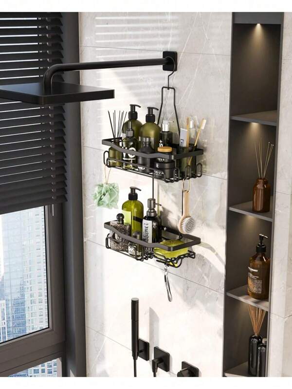1 pezzo di mensola da doccia appesa, senza necessità di foratura, in acciaio inossidabile, mensola doccia a 2 ripiani di colore nero con supporto per rasoio e sapone, adatta per vasca da bagno, asciugamani e altro