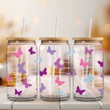 4 piezas de pegatinas de la serie de mariposas púrpura rosado UV DTF para hoja de pegatinas resistente al agua para taza de vidrio de 16 onzas, tazas decorativas, útiles escolares, manualidades y suministros de arte DIY, pegatinas de transferencia para decoración de habitaciones, hogar y paredes