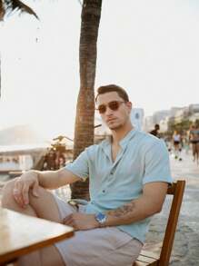 Men's Short Sleeve Shirt With Priest Collar Elegant Casual Party Work - Biru - View 5