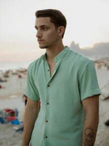Men's Short Sleeve Shirt With Priest Collar Elegant Casual Party Work - أخضر - مشاهدة 3