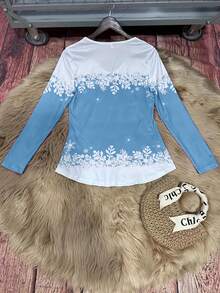 Christmas Loose Fitting V-Neck Pullover Printed Top - Baby Blue - View 2