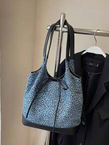 时髦时尚豹纹印花，带蝴蝶结装饰，大容量单肩手提包、斜挎包、日常包等。非常适合日常使用 - 适合旅行、工作或购物、大学、学院教室、通勤、学校等。适合女性、新秀和白领、女孩、大学生、年轻女孩 - 淺藍色 - 查看 7