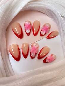 Pure Handmade Wearing Nail 10 Pieces Almond Nail Type Hand-Painted French 3d Three-Dimensional Pinch Flower Enthusiastic And Unrestrained Can Be Given To Friends And Girlfriend Birthday Holiday Gifts Press On Nails