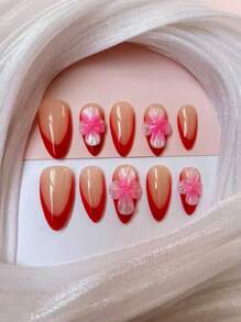 Pure Handmade Wearing Nail 10 Pieces Almond Nail Type Hand-Painted French 3d Three-Dimensional Pinch Flower Enthusiastic And Unrestrained Can Be Given To Friends And Girlfriend Birthday Holiday Gifts Press On Nails