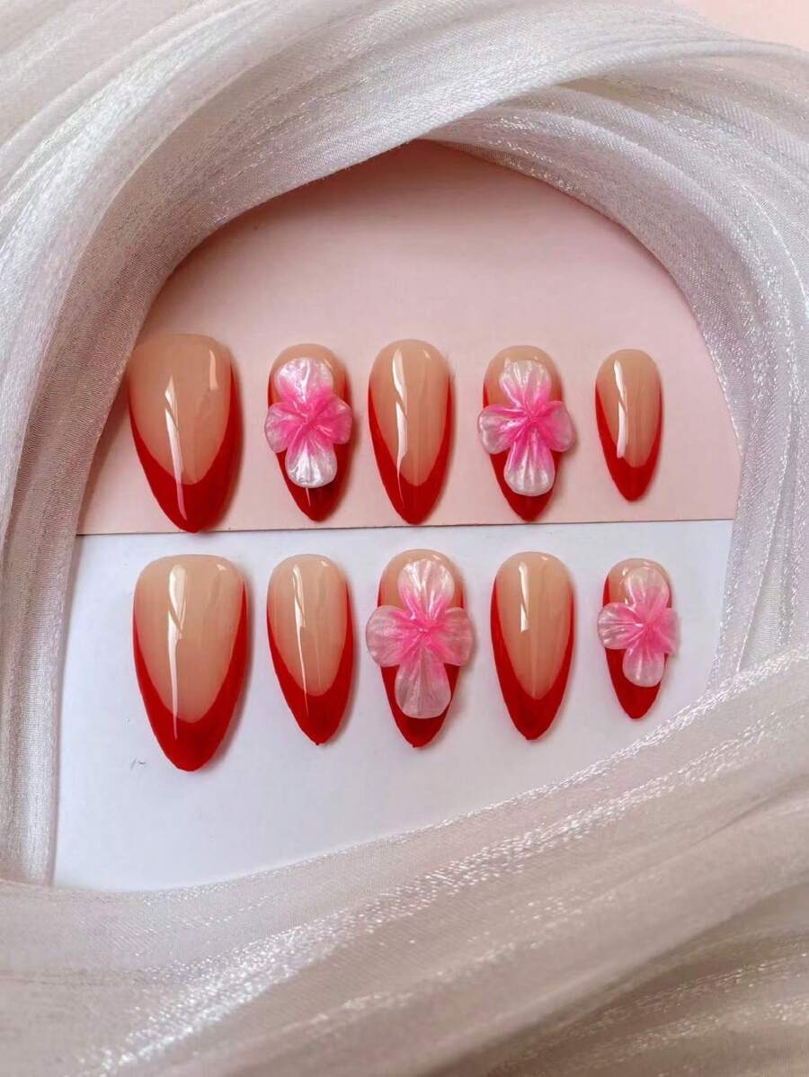 Pure Handmade Wearing Nail 10 Pieces Almond Nail Type Hand-Painted French 3d Three-Dimensional Pinch Flower Enthusiastic And Unrestrained Can Be Given To Friends And Girlfriend Birthday Holiday Gifts Press On Nails