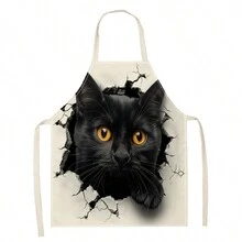 1 件黑猫彩色树圣诞快乐花朵 3D 图案亚麻围裙，适合家庭烹饪、厨房穿着和烹饪爱好者 - 彩色 - 查看 2