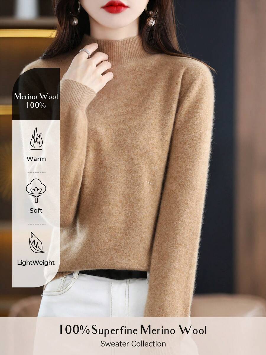 100% Merino Wool Women's Sweater Soft Warm Mock Neck Pullover Fall Winter Sweater One-Line Seamless Sweater - Khaki - View 1