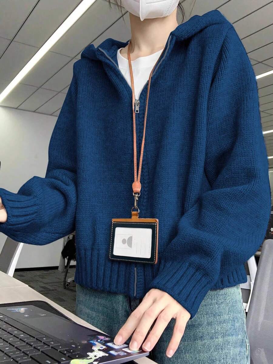 2023 秋冬简约风格纹理连帽宽松拉链纯色针织毛衣夹克 - 藏蓝色 - 查看 1