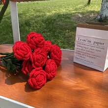 1pc/2pcs-Hoa hồng nhân tạo, Bó hoa hồng đan móc thủ công, Hoa đan thủ công hoàn thiện làm quà tặng sinh nhật bạn gái cho tiệc cưới - Đỏ - Xem 8