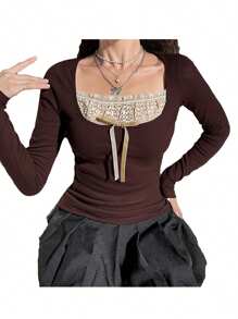 Women Fairy Grunge Clothes Tops Long Sleeve Knitted Slim Fit Tops Lace Stitching Neckline Knitwear Bowknot Casual Pullover T-Shirts Vintage Aesthetic Streetwear For Fall Spring