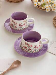 Bộ tách cà phê gốm họa tiết hoa cổ điển, tách trà chiều tinh tế và cao cấp, cốc cho gia đình, sân vườn, nhà hàng, v.v., đồ uống mùa hè và mùa đông, quà tặng - Màu tím - Xem 2