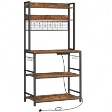 VASAGLE Kitchen Storage Rack With Power Outlet, Coffee Bar, Baker's Rack, With Metal Wire Panel, 14 Hooks, For Microwave, Steel Frame, 40 X 80 X 170 Cm, Rustic Brown And Ink Black