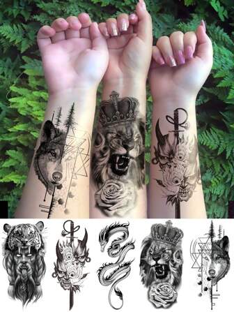 Set de 5 piezas de tatuajes temporales de gran tamaño de arte corporal para mujeres u hombres, de estilo oscuro negro con patrones de cazador de león, corona, dragón, lobo, geométricos y calavera. Son tatuajes falsos impermeables que duran de 2 a 5 días, ideales para cubrir cicatrices y se pueden usar en brazos, muñecas, hombros, piernas, cintura, cuello, mano, pecho, muslos, dedos y tobillos. Adecuado para fiestas, regalos, vacaciones y decoración corporal.