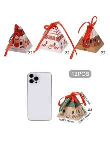 12/4pcs Christmas Cartoon Printed Triangle Gift Box Birthday And New Year Party Companion Gift Box With Ribbon Hang Tag