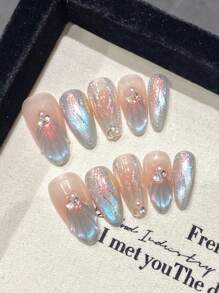 Set Of 10 Oval Shaped Aurora Mermaid Style Elegant Artificial Nail Tips, Opalescent Glossy Finish, Handmade For Everyday Wear, Party & Date Press On Nails Nail Supplies Nails - Multicolor - View 2