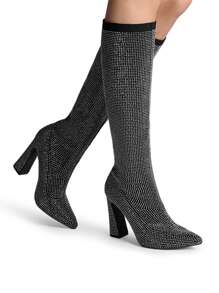 Women's Rhinestone Embellished Knitted Knee-High Boots Pointed Toe Fashionable Sexy Boots For Party, Holiday, Christmas - 黑色 - 查看 1
