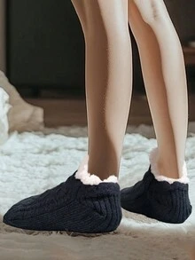 女士冬季新款短款针织针织拖鞋靴，睡眠保暖防滑地板腿套，保暖内衬一脚蹬保暖家居拖鞋，情侣款加大码，黑色 - 黑色 - 查看 6