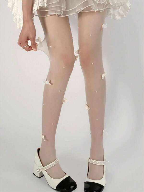 A Pair Of Bow Stockings For Women's Spring And Autumn, A Niche Pearl, Minimalist Sexy, White Silk, Any Key Jumpsuit With Bottom, Minimalist Sexy, Tight Fitting Socks