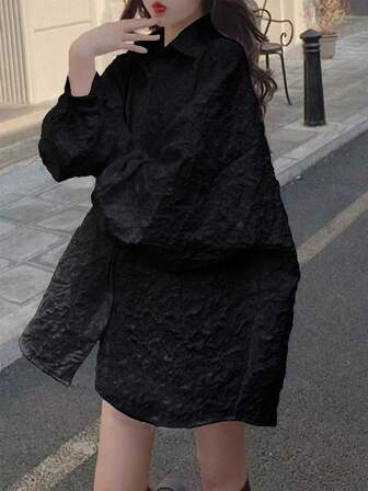 女士压花花卉休闲宽松长衬衫