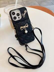 Argyle-patroon 1 st. Zwart 3D Strass Letter Strik Parel Kaarthouder Telefoonhoesje, Compatibel met iPhone 16/15/14/13 Pro Max, 12 Pro Zachte Volledige Wikkelhoes, 8 Plus Crossbody Voor Vrouwen