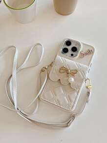 Argyle-patroon 1 st. Zwart 3D Strass Letter Strik Parel Kaarthouder Telefoonhoesje, Compatibel met iPhone 16/15/14/13 Pro Max, 12 Pro Zachte Volledige Wikkelhoes, 8 Plus Crossbody Voor Vrouwen