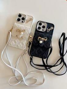 Argyle-patroon 1 st. Zwart 3D Strass Letter Strik Parel Kaarthouder Telefoonhoesje, Compatibel met iPhone 16/15/14/13 Pro Max, 12 Pro Zachte Volledige Wikkelhoes, 8 Plus Crossbody Voor Vrouwen