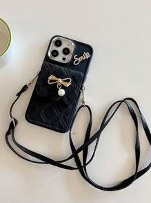 Argyle-patroon 1 st. Zwart 3D Strass Letter Strik Parel Kaarthouder Telefoonhoesje, Compatibel met iPhone 16/15/14/13 Pro Max, 12 Pro Zachte Volledige Wikkelhoes, 8 Plus Crossbody Voor Vrouwen