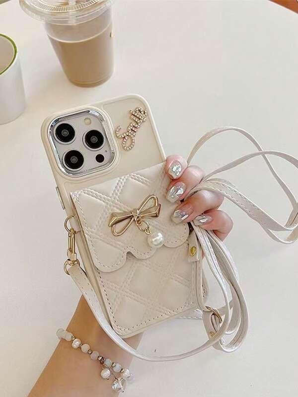 Argyle-patroon 1 st. Zwart 3D Strass Letter Strik Parel Kaarthouder Telefoonhoesje, Compatibel met iPhone 16/15/14/13 Pro Max, 12 Pro Zachte Volledige Wikkelhoes, 8 Plus Crossbody Voor Vrouwen