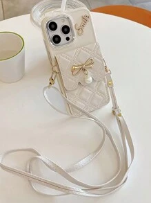 Argyle-patroon 1 st. Zwart 3D Strass Letter Strik Parel Kaarthouder Telefoonhoesje, Compatibel met iPhone 16/15/14/13 Pro Max, 12 Pro Zachte Volledige Wikkelhoes, 8 Plus Crossbody Voor Vrouwen